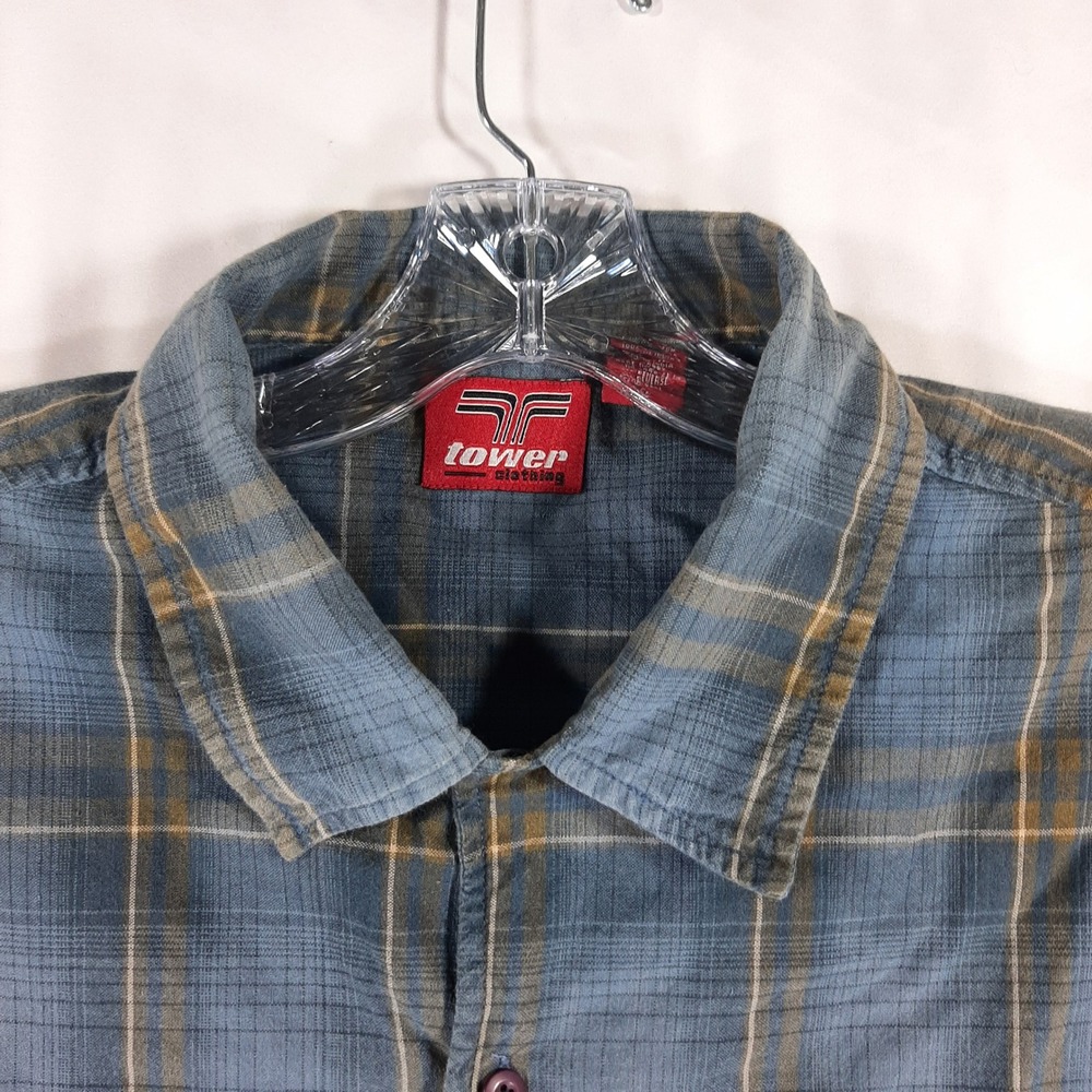 Tower Clothing Mens Blue Brown Plaid Short Sleeve Button Up Shirt Casual  XL
